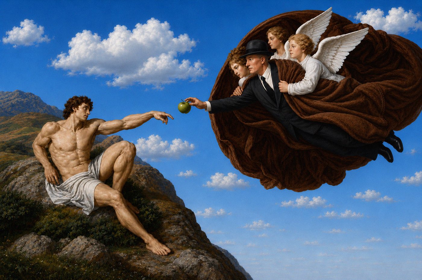 Creation by Gül Yıldız: Michelangelo's reclining Adam reaches from a rocky hillside toward a man in a bowler hat and black suit who holds out a green apple, carried on a brown cloud by two angels under a blue sky