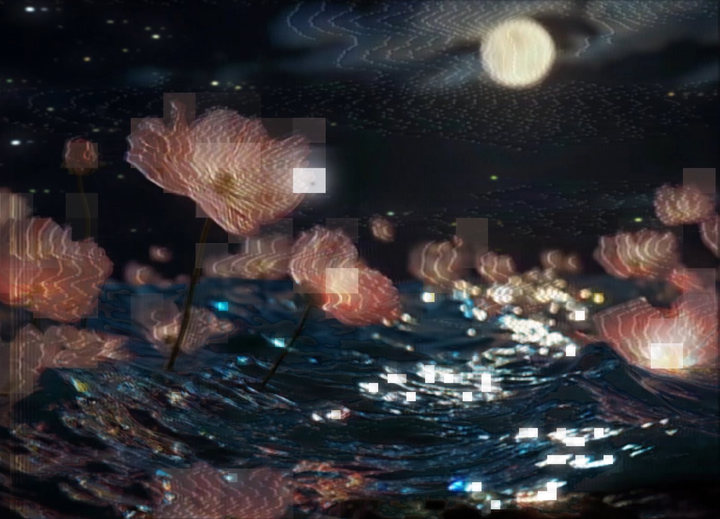 deluge by ex_mortal: a single frame of a video work, pink blossoms rising out of dark moonlit water, the image breaking into square blocks of digital noise