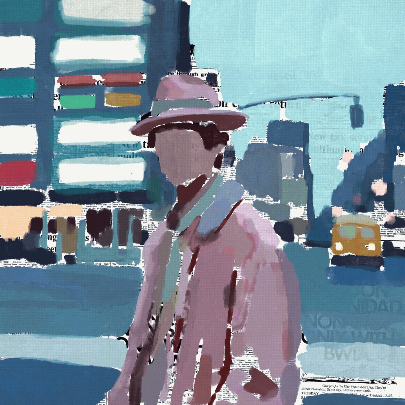 Forget Me Not by Lorenipsum: a painterly figure in a pink hat and coat, face left blank, crossing a city street collaged from newspaper, a yellow taxi behind; a frame of an animated work