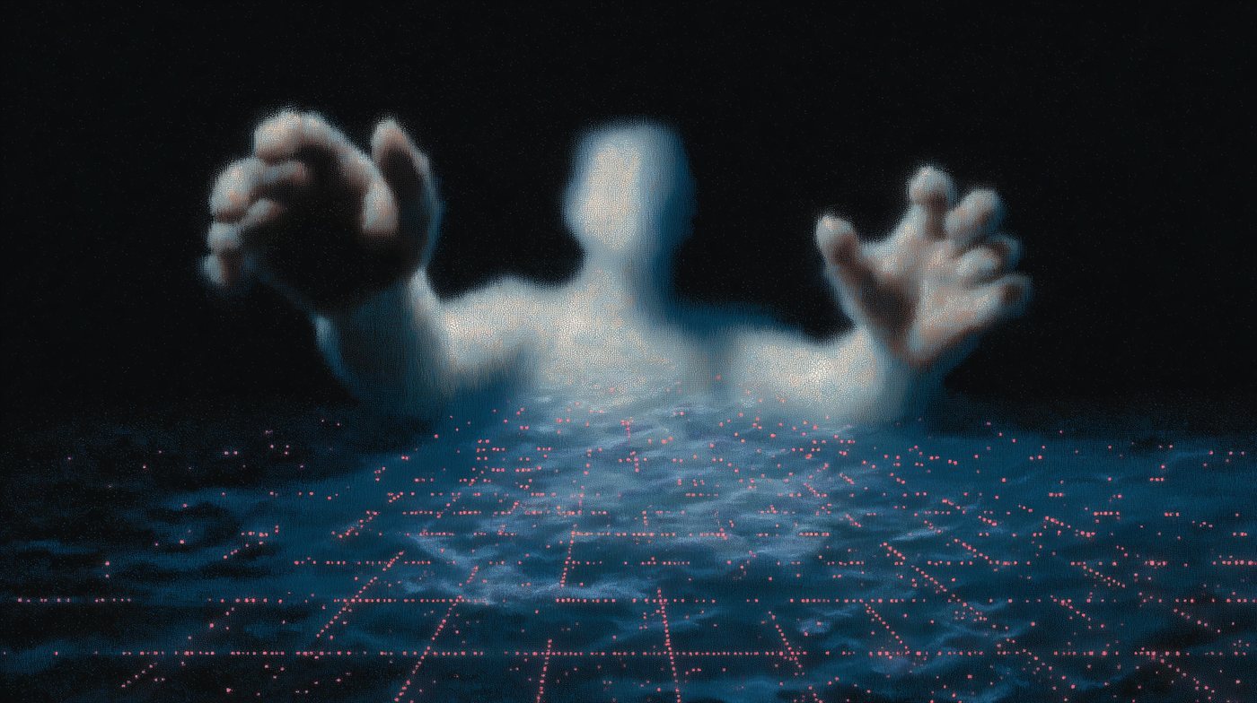 the grid by DeltaSauce: a blurred white figure rising out of a dark floor ruled into a grid of red points, arms lifted, dissolving into static at the edges