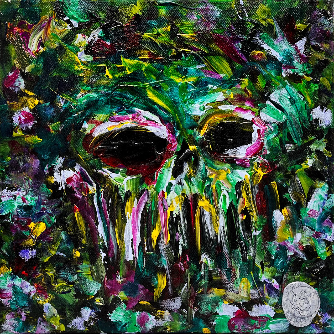 mountain dew daze by Desultor: a skull painted in thick acrylic strokes of soda green, magenta, and yellow, paint dripping from the jaw, the artist's round stamp in the corner
