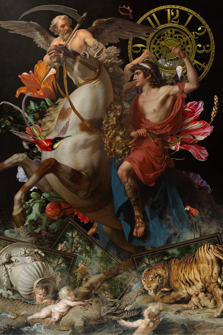 Rise of the Immortals by 1dontknows: a tall collage of old-master paintings, a youth in red on a rearing white horse, winged Father Time with a scythe above, a golden clock face, a hummingbird, and below them a tiger, a crocodile, and cherubs in the water