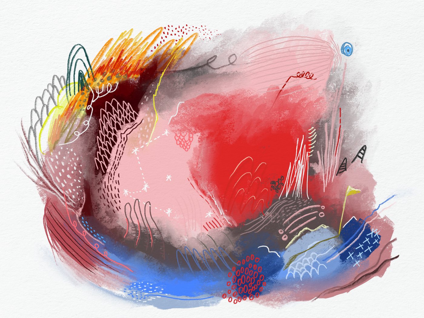 Impermanent Embrace by Adamtastic: an abstract of red and pink washes with orange flame strokes at the top and a band of blue along the base, threaded with white and black doodled lines