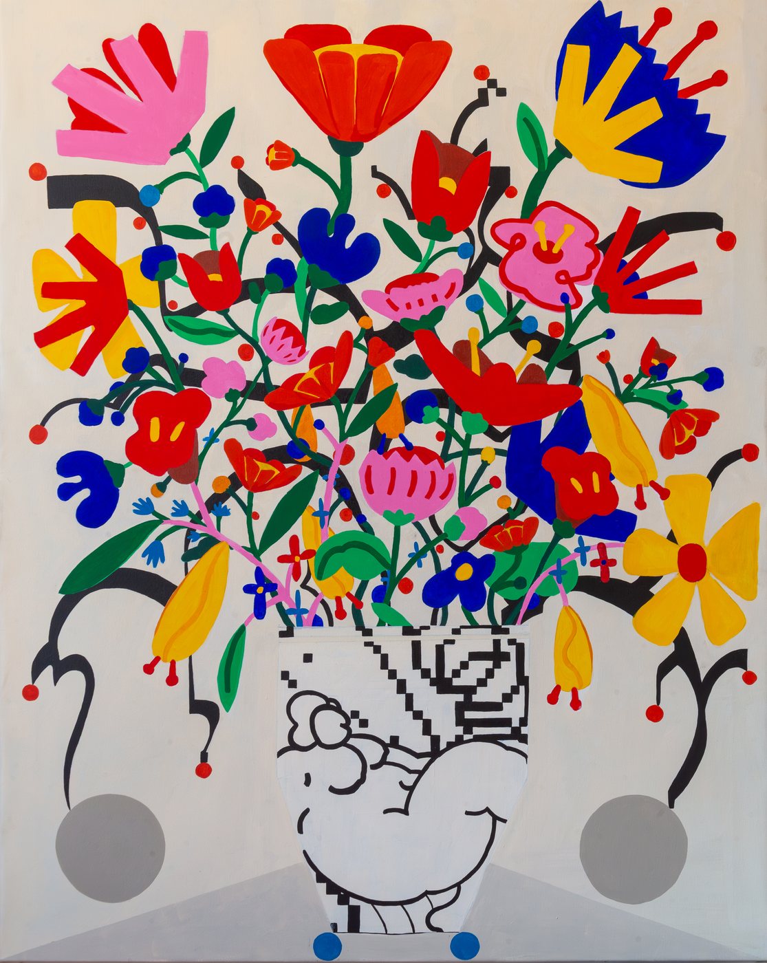 Napkin Woman by josenarciso: a bouquet of flat red, pink, blue, and yellow flowers on black stems in a white vase printed with a pixel-style cartoon figure, two grey circles on the floor beside it