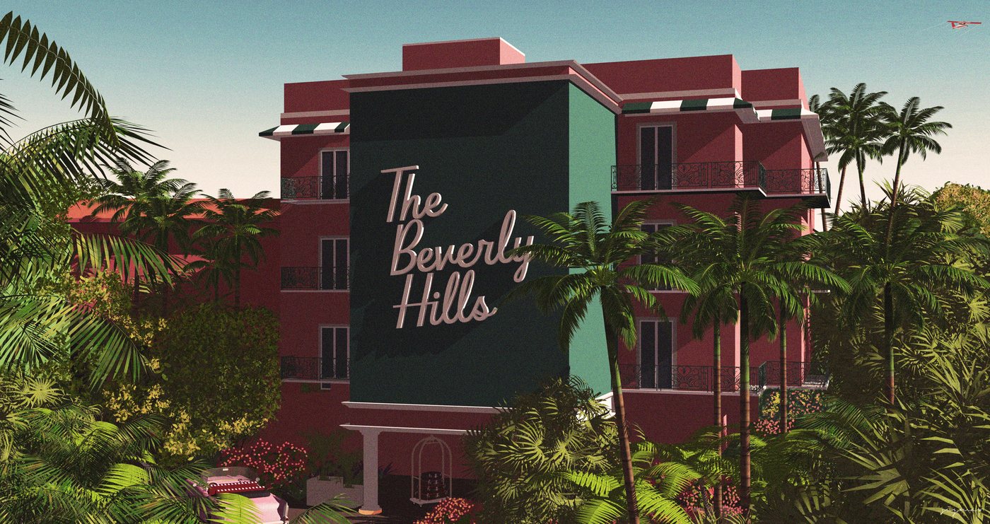 Beverly Hills by SigmaX: a pink hotel with a dark green tower and a looping script sign reading The Beverly Hills, palms and a pink car in front, drawn with an architect's precision