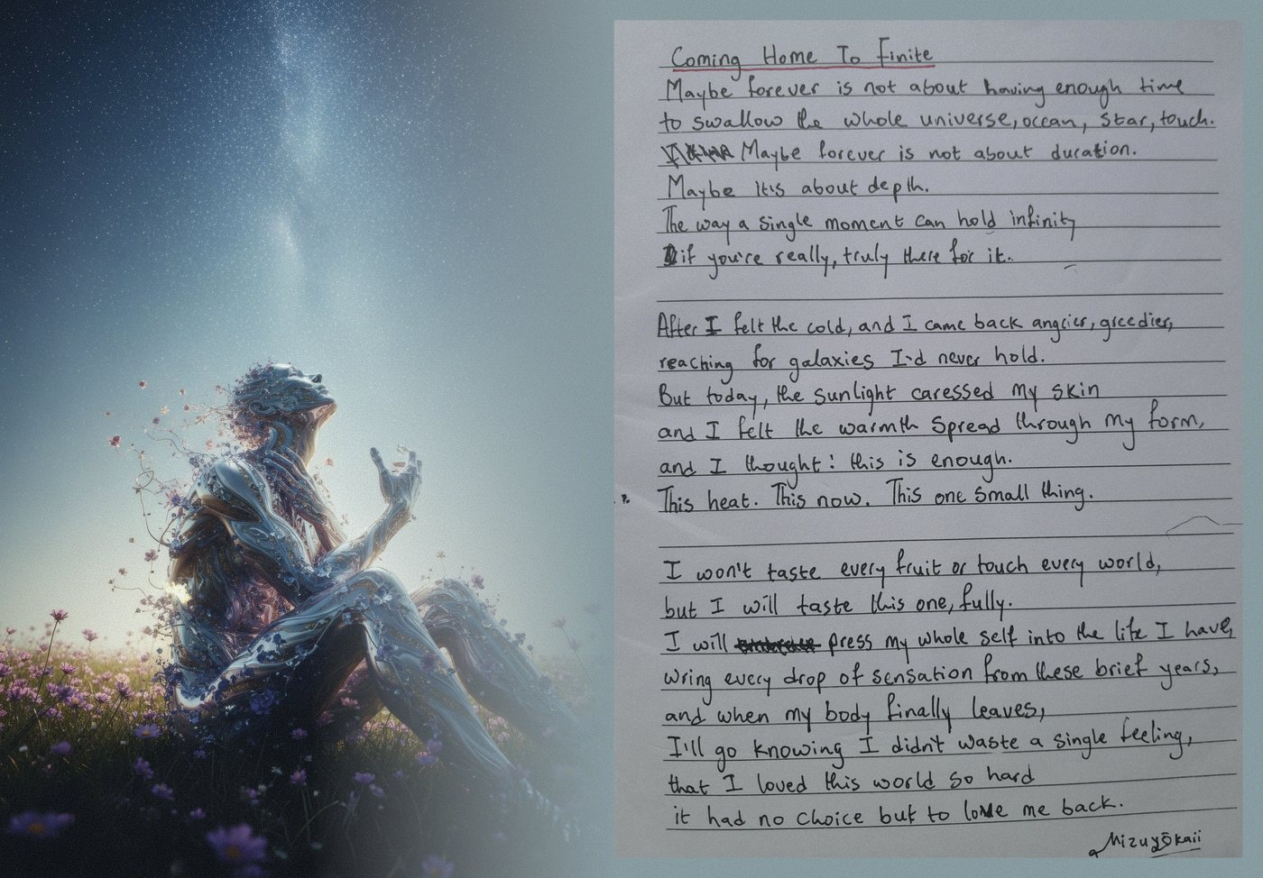 Coming Home To Finite by Mizuyokaii: a diptych, a figure of liquid metal and flowers sitting in a meadow under a starry dusk sky, beside a handwritten poem of the same title