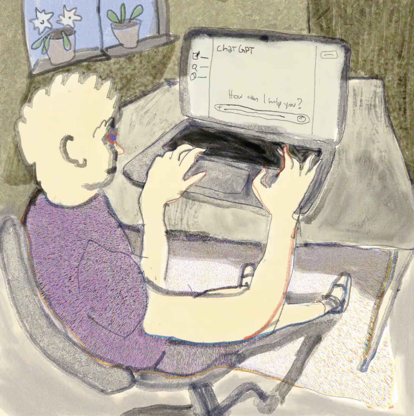I'll ask ChatGPT by vestica: a drawing of a person seen from behind typing at a laptop whose screen shows ChatGPT asking how can I help you, potted plants on the windowsill