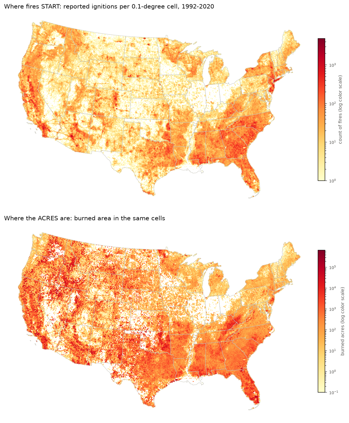 Two CONUS maps in Albers projection: ignition counts per 0.1-degree cell, and burned acres in the same cells.