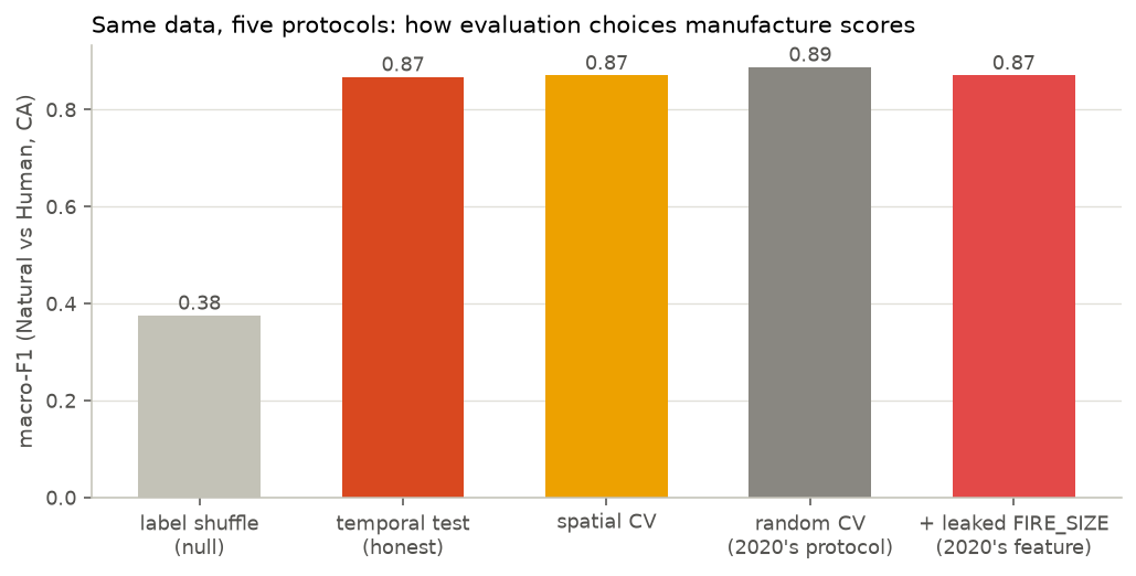 Bar chart of macro-F1 under label shuffle, temporal test, spatial CV, random CV, and with a leaked feature.